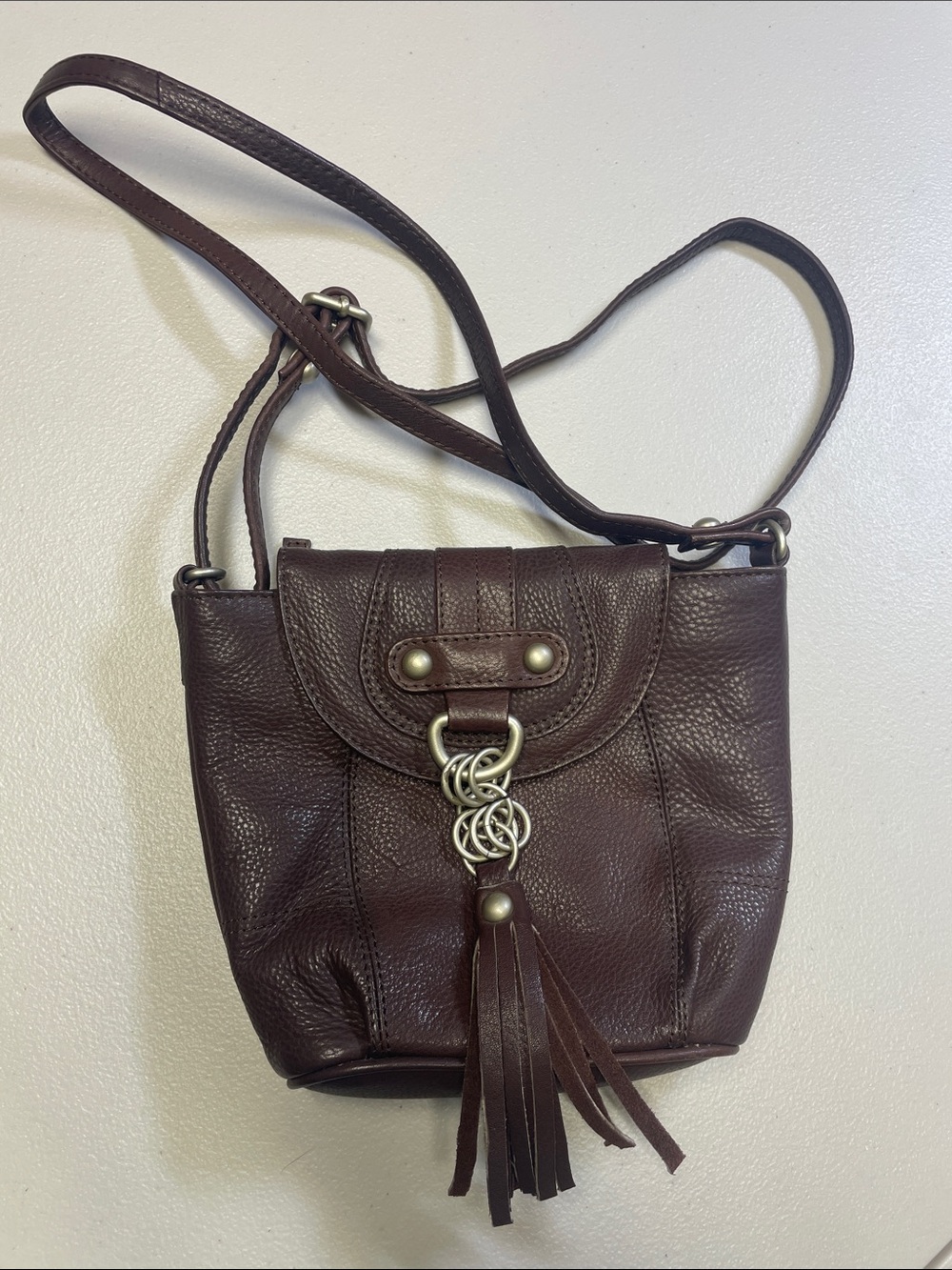 Leather Crossbody Bag with Tassel Accent - Dark Brown